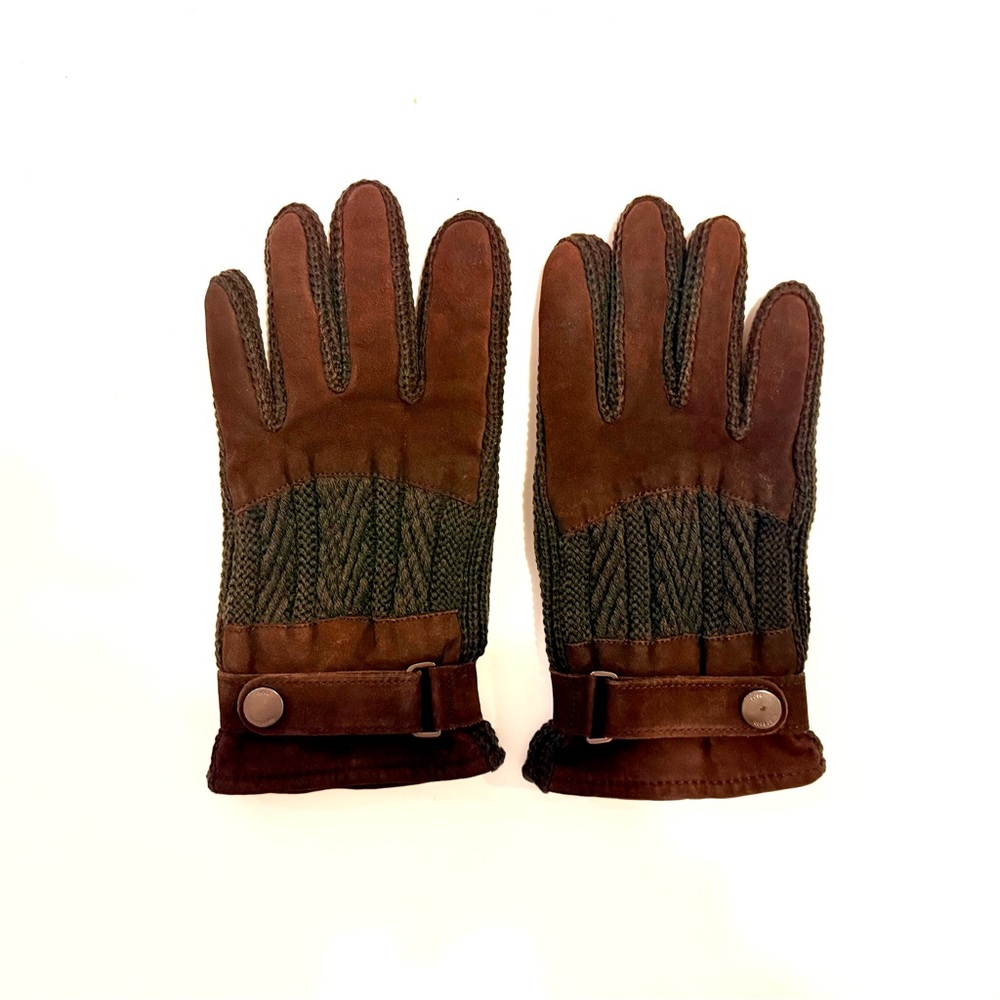Hugo Boss Brown and Gray Lambskin Leather Men's Gloves OS